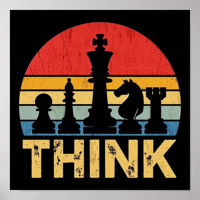 Vintage Sunset Chess Artwork – Inspiring "Think"  Poster (Front)