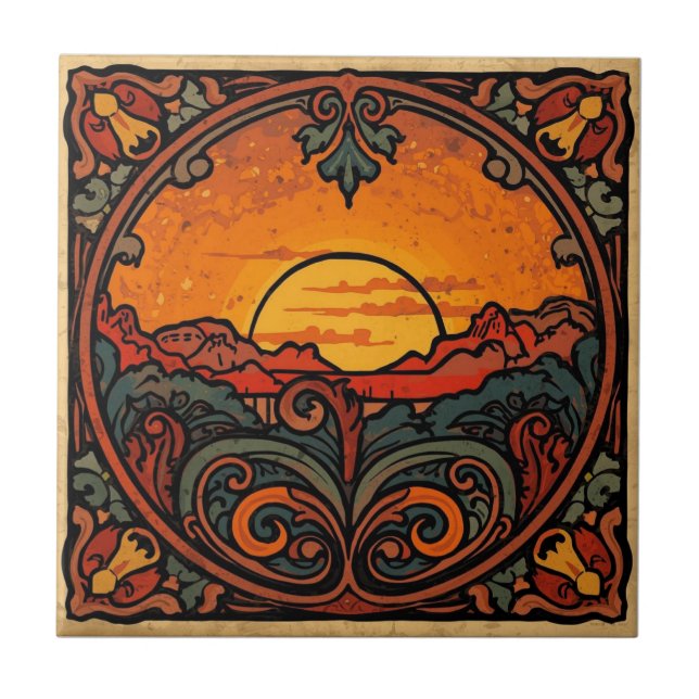 Vintage Sunset Flourish Art Nouveau Floral  Tile (Front)
