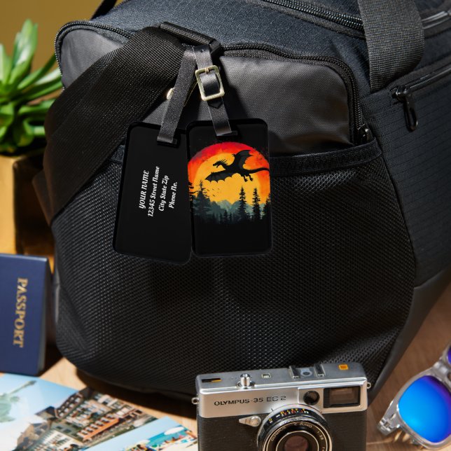 Vintage Sunset Forest Dragon Luggage Tag (Front & Back)
