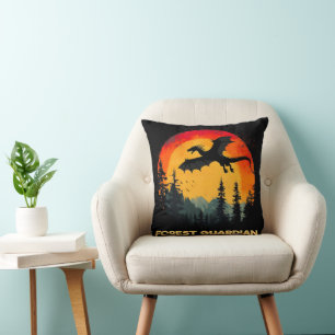 Vintage Sunset Forest Dragon Throw Pillow