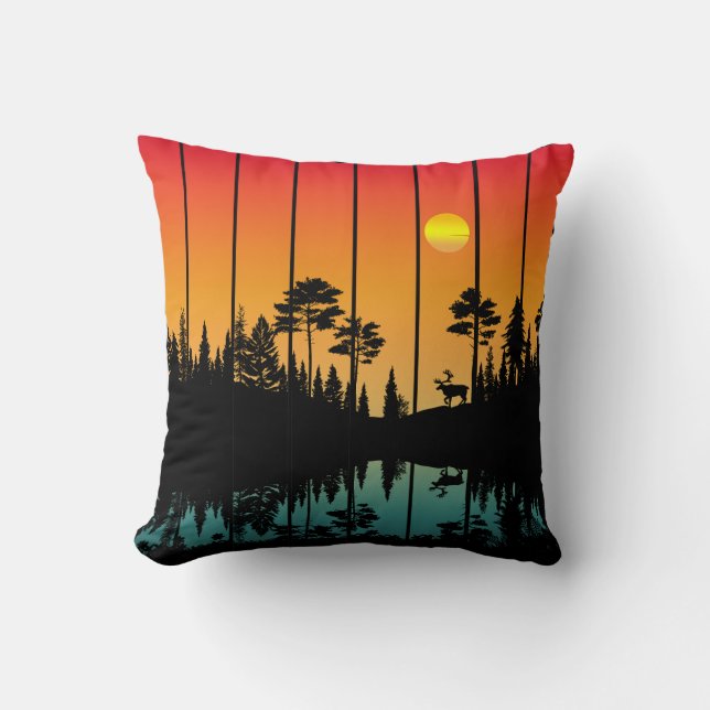 Vintage Sunset Forest Sunrise Scenery Throw Pillow (Front)
