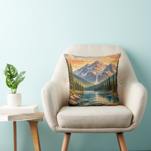 Vintage Sunset Mountain River Forest Landscape Throw Pillow