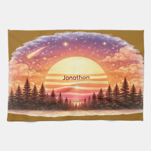 Vintage Sunset Retro Vibe Custom Name Unisex Kitchen Towel