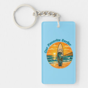 Vintage Sunset Surfboard & Ocean Waves Keychain