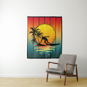 Vintage Sunset Surfing Surfer Ocean Surf Tapestry