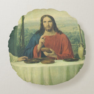 Vintage Supper At Emmaus with Jesus Christ Round Pillow
