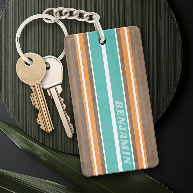 Vintage Surfboard Stripes - Subtle Wood Arrière -  (Personalized Keychain - add a monogram or name)