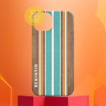 Vintage Surfboard Stripes - Subtle Wood Background iPhone 15 Case<br><div class="desc">A colourful, retro stripe design in blue and orange on a faux wood print background. A vintage surfboard stripe design with a beach and surf look. Add your name or monogram to make this a personal phone case that will stand out amongst your friends. The name is a thin serif...</div>
