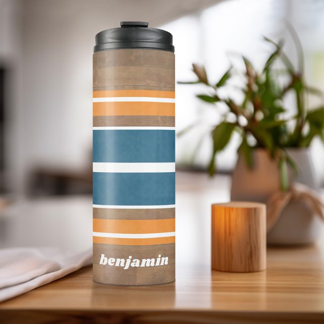 Vintage Surfboard Stripes - Subtle Wood Background Thermal Tumbler (Personalized Thermal Tumbler - Add Photos, Text - Customize Completely in the Advanced Design Area)
