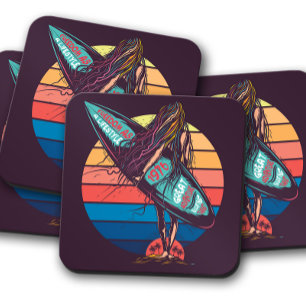 Vintage Surfer Girl 1970s Retro Surfer Girl Set Coaster