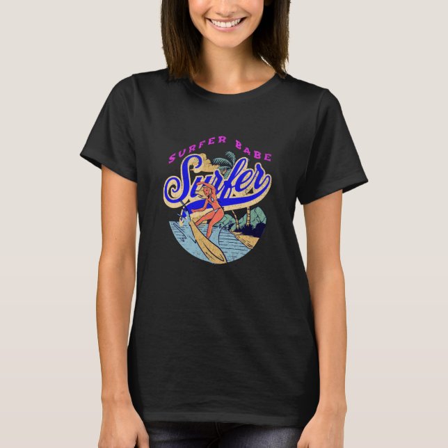 Vintage Surfing Beach Babe T-Shirt (Front)