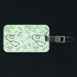 Vintage surgeon medical doctor pattern luggage tag<br><div class="desc">Features a vintage print of surgical tools,  gloves,  syringes,  scalpels,  stethoscopes etc. Print is in black on a faded,  vintage look surgeon green. Some whimsy for the serious surgeon nurse or doctor.</div>