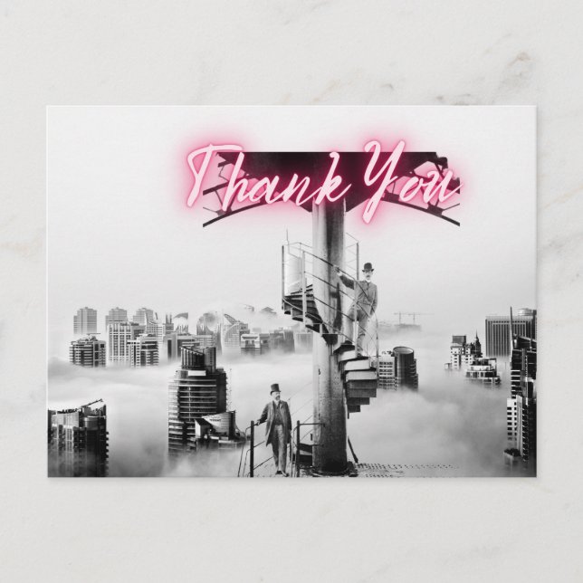 Vintage Surreal City Scene Thank You Postcard (Front)