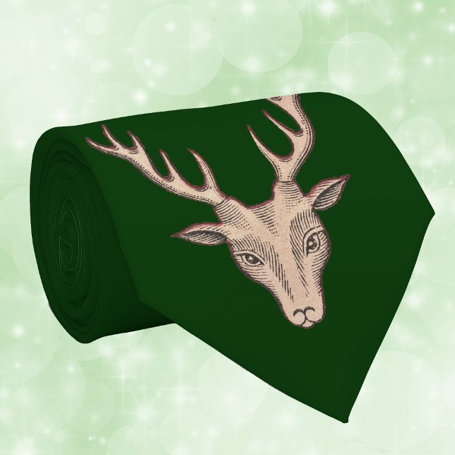 Vintage Surreal Deer Head Antlers Tie (Head of brown male surreal deer with antlers on dark forest green neck tie.)