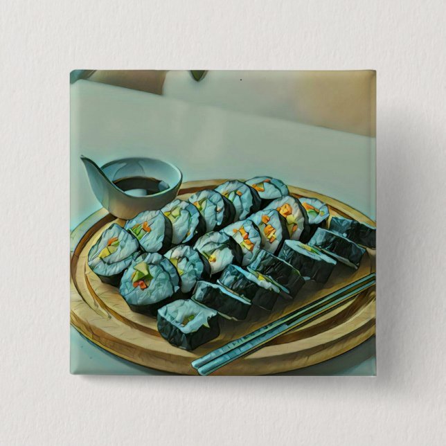 Vintage Sushi Artwork 2 Inch Square Button (Front)