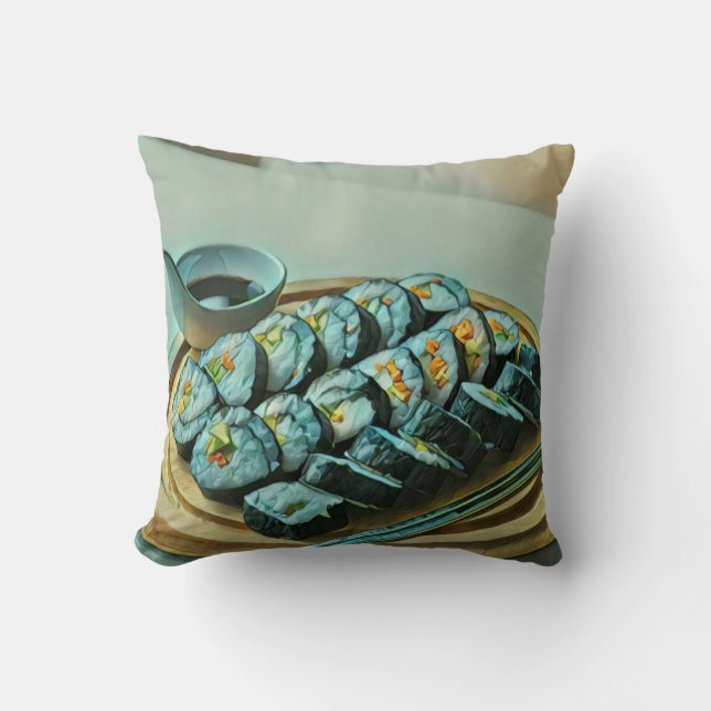 Vintage Sushi Artwork Throw Pillow (Front)
