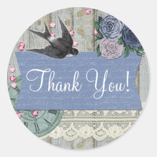 Vintage Swallow Bird Cobalt Blue Shabby Thank You Classic Round Sticker