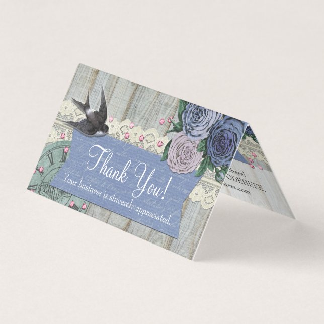 Vintage Swallow Bird Cobalt Shabby Thank You Card (Front)