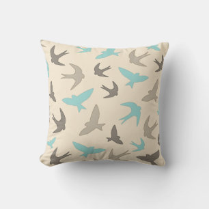 Vintage Swallow Birds Pattern Brown Beige Blue Throw Pillow