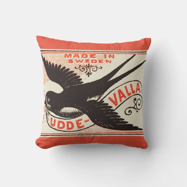 Vintage Swallow Label Art Throw Pillow (Front)