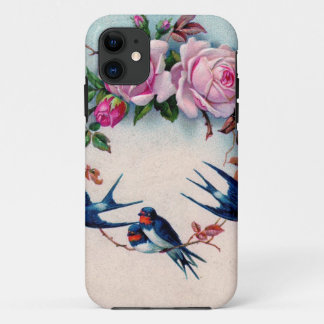 vintage swallows and roses on cyan iPhone 11 case