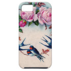 vintage swallows and roses on cyan