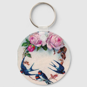 vintage swallows and roses on cyan keychain