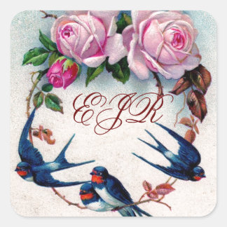 vintage swallows and roses on cyan square sticker