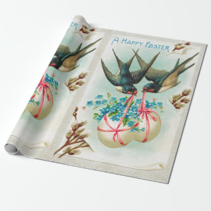 Vintage Swallows Couple and Floral Easter Eggs Wrapping Paper