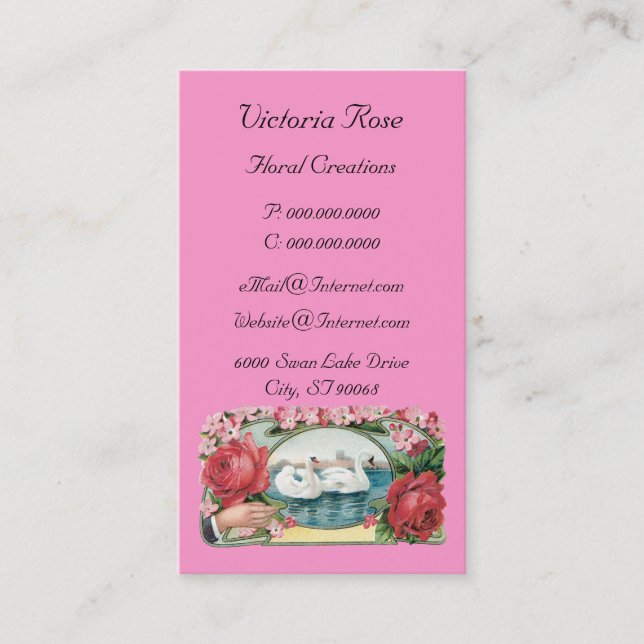 Vintage Swan and Roses Business Card Template (Front)