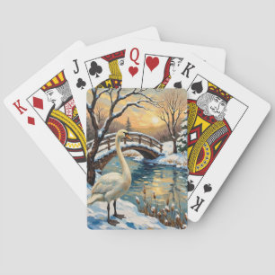 Vintage Swan by Snowy Bridge Christmas Painting Playing Cards