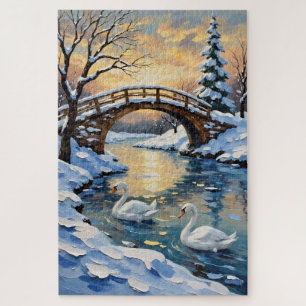 Vintage Swan Family Under Snowy Bridge Painting Jigsaw Puzzle