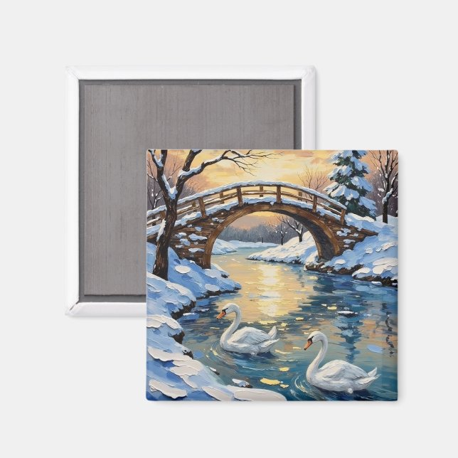 Vintage Swan Family Under Snowy Bridge Painting Magnet (Front/Back)