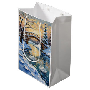 Vintage Swan Family Under Snowy Bridge Painting Medium Gift Bag