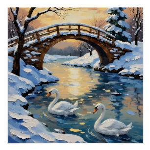 Vintage Swan Family Under Snowy Bridge Painting Poster