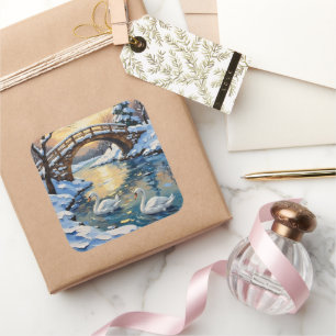 Vintage Swan Family Under Snowy Bridge Painting Square Sticker