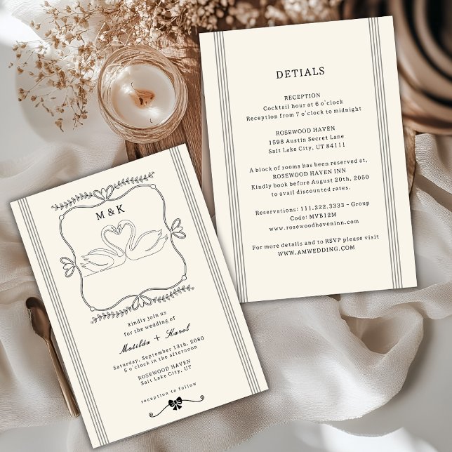 Vintage Swans All In One Monogram Wedding Invitation (Creator Uploaded)