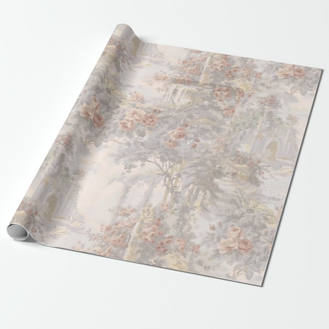 Vintage Swans Among Ruins Pattern Wrapping Paper (Unrolled)
