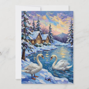 Vintage Swans on a Winter Lake Christmas Painting Holiday Card