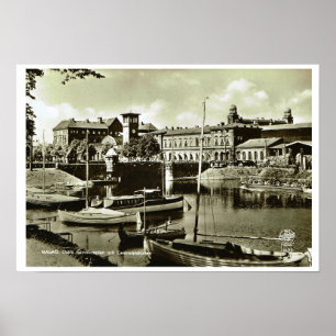 Vintage Sweden, Malmo, waterfront and boats Poster