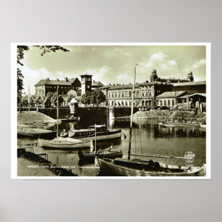 Vintage Sweden, Malmo, waterfront and boats Poster