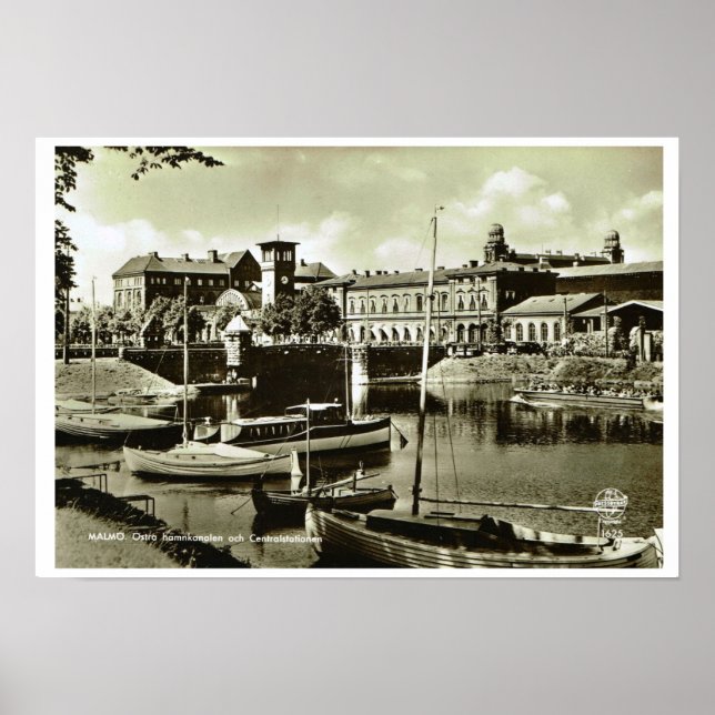 Vintage Sweden, Malmo, waterfront and boats Poster (Front)