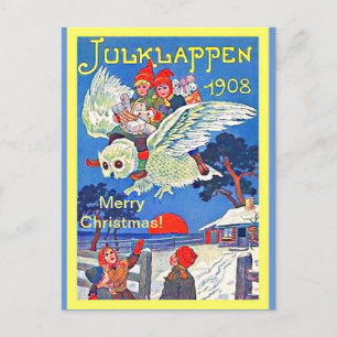 Vintage Swedish Owl & Kids Julklappen Christmas Postcard