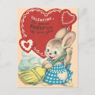 Vintage Sweeping Bunny Valentine Holiday Postcard