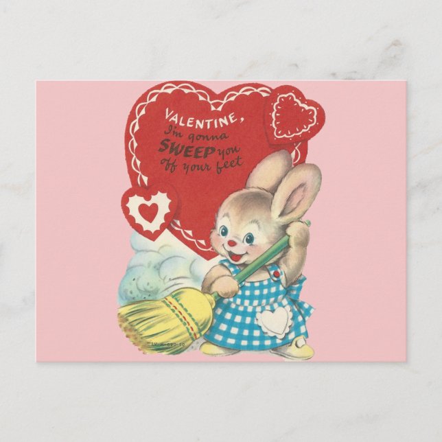 Vintage Sweeping Bunny Valentine Holiday Postcard (Front)