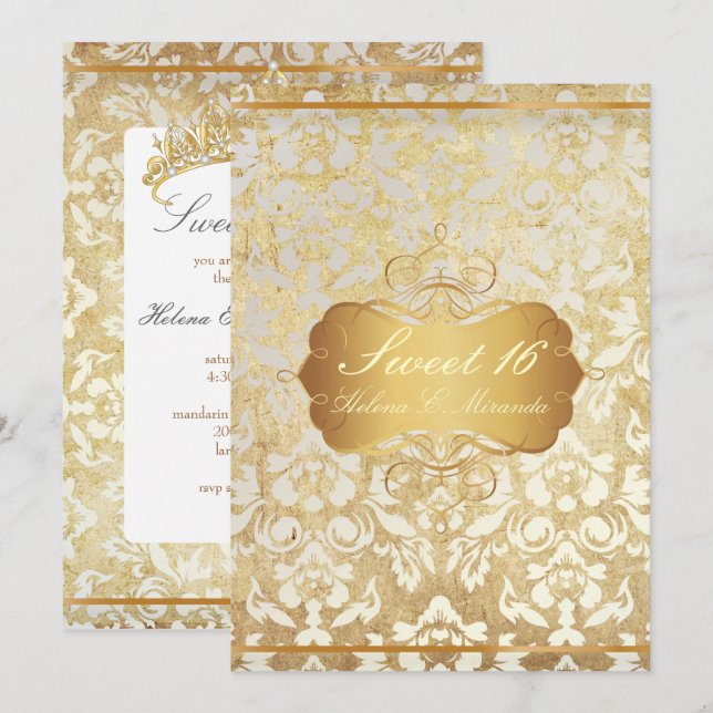 VINTAGE SWEET 16 Princess Pearl Damask Parchment Invitation (Front/Back)