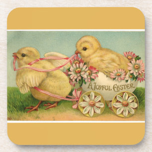Vintage Sweet Fluffy Chicks Gold Easter Coaster