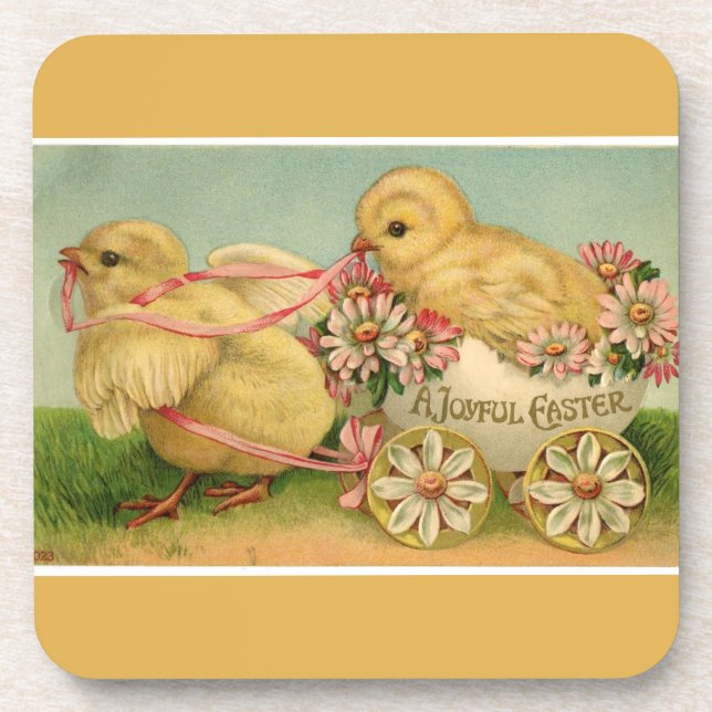 Vintage Sweet Fluffy Chicks Gold Easter Coaster (Front)