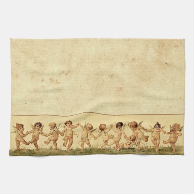 Vintage Sweet Happily Dancing Cherubs Kitchen Towel (Horizontal)
