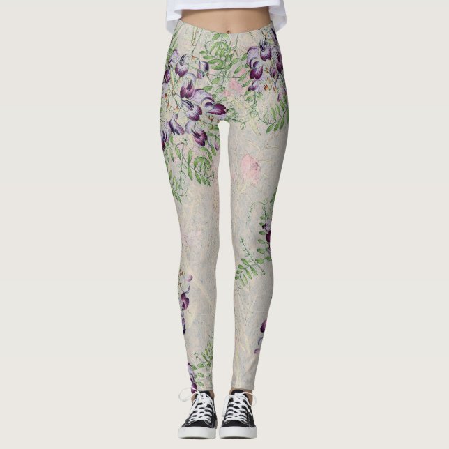 Vintage Sweet Peas Flowers All Over Print Leggings (Front)